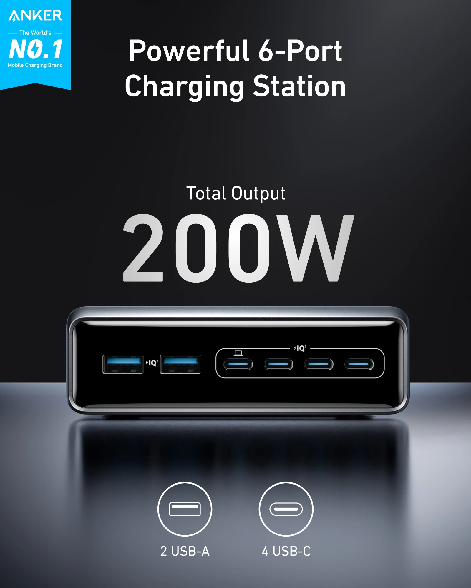 Anker Prime Charger 200 W 6 Ports GaN Charging Station USB-C PD Desktop Charger with Quick Charging, Compatible with iPhone