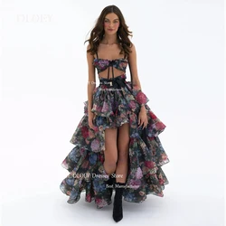 OLOEY Sexy Floral Prom Dresses Princess Evening Dresses Formal High Low Length Ruffles Birthday Gown Spaghetti Straps Plus Sizes