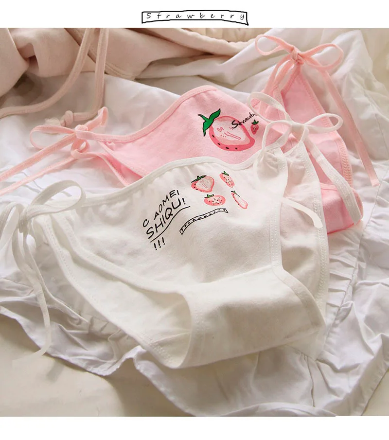 Pink White Strawberry Lace Up Japanese Sweet Cute Dopamine Soft Skin Friendly Cotton Low Waist Anime Girl Underwear Panties 4pcs