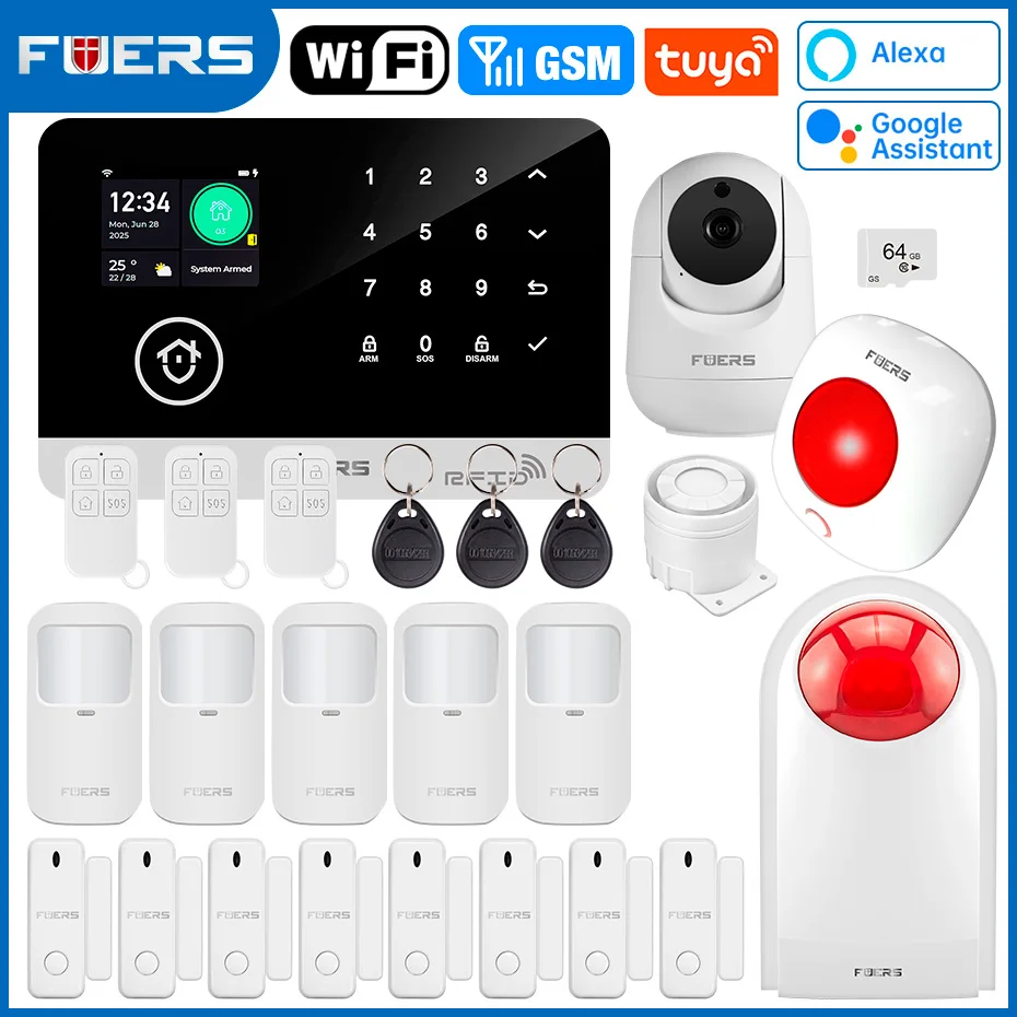 نظام إنذار FUERS للمنزل الذكي WIFI GSM Tuya إنذار أمان ذكي مضيف سرقة مع مستشعر حركة الباب كاميرا IP صفارة الإنذار