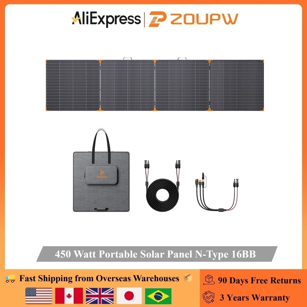 

ZOUPW Portable Solar Panel 450W- 38V High-efficiency N-Type 16BB Cells with a 25% Conversion Rate Durable ETFE layer