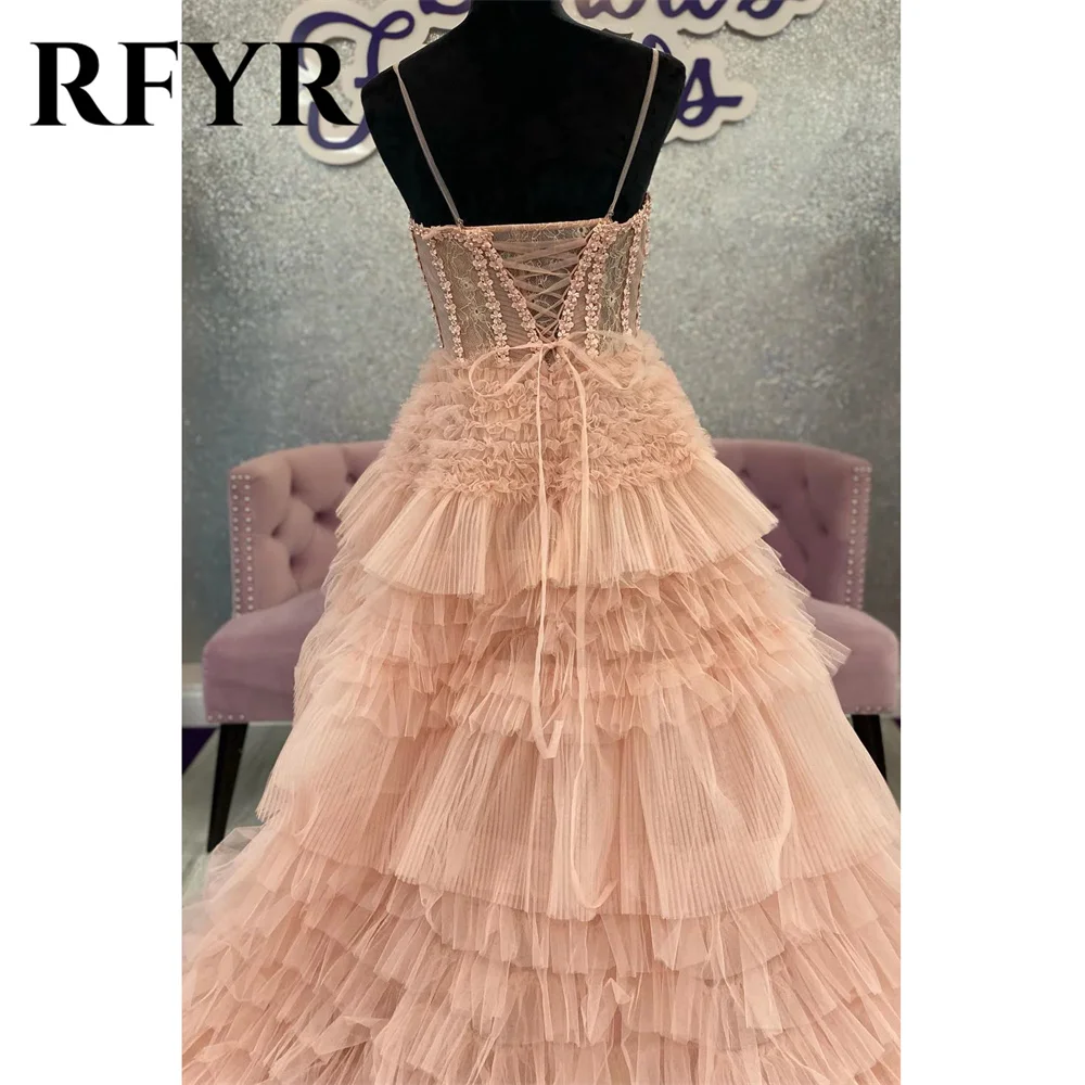 RFYR Blushing Pink Prom Dress Ruffle Layers Tulle Evening Dress Sweetheart Sheer Corset فستان سهرة Lace-Up Back Party Dress