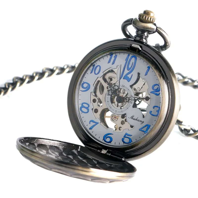 Vintage Carved Shield Case Hand-winding Mechanical Skeleton Pocket Watch for Men Women FOB Chain Collectable Timepiece
