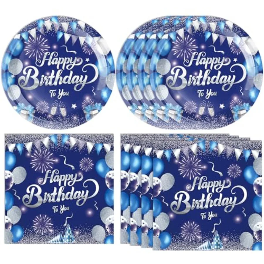 

Синие украшения на день рождения для мужчин и мальчиков, набор посуды на день рождения, бумажные тарелки на день рождения, pkins vy, синие и серебряные, с днем рождения