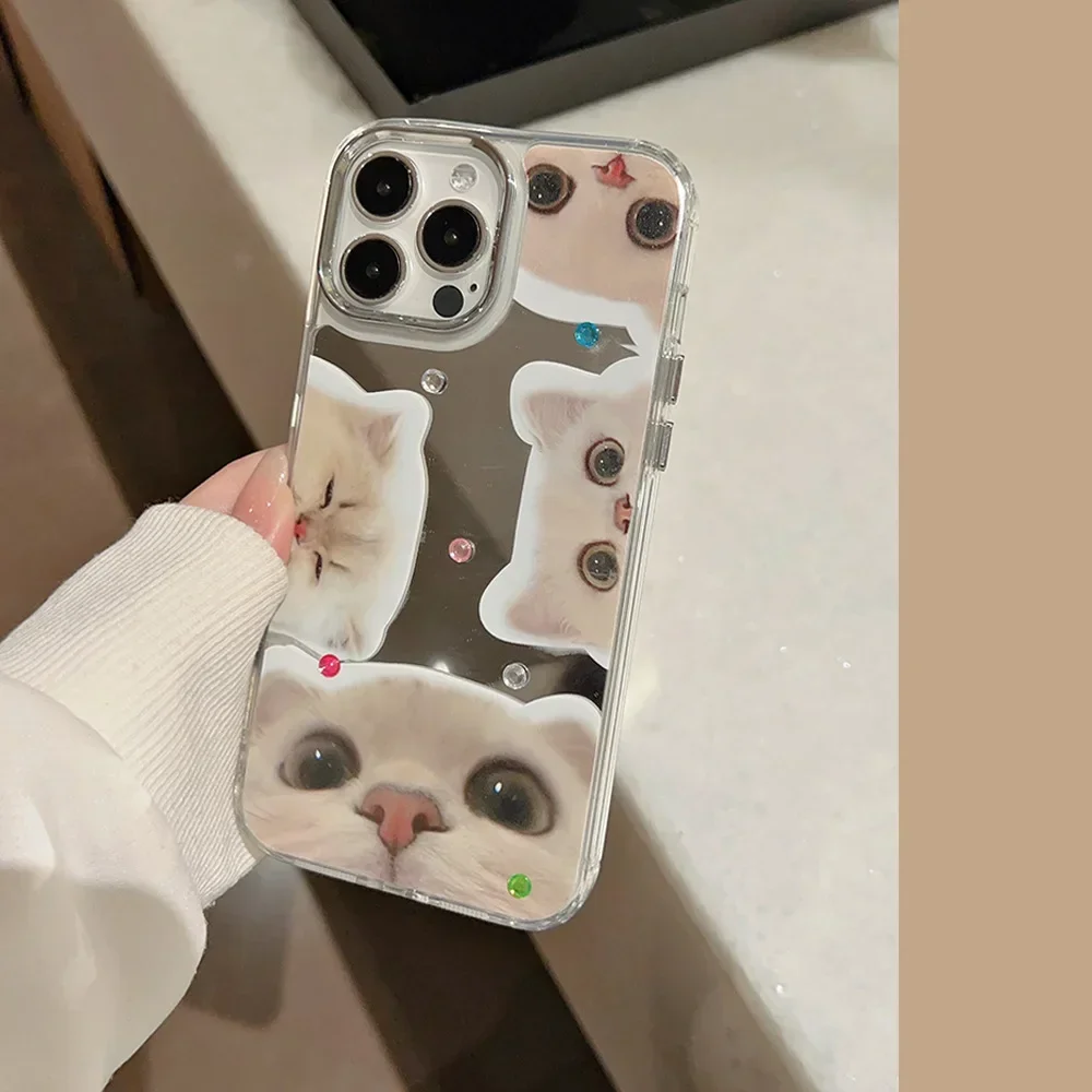 Lustro Zabawny biały kot uroczy kotek Rhinestone Etui na telefon do iPhone'a 16 15 14 13 12 Pro Max Etui Plating Słodka, wstrząsoodporna obudowa