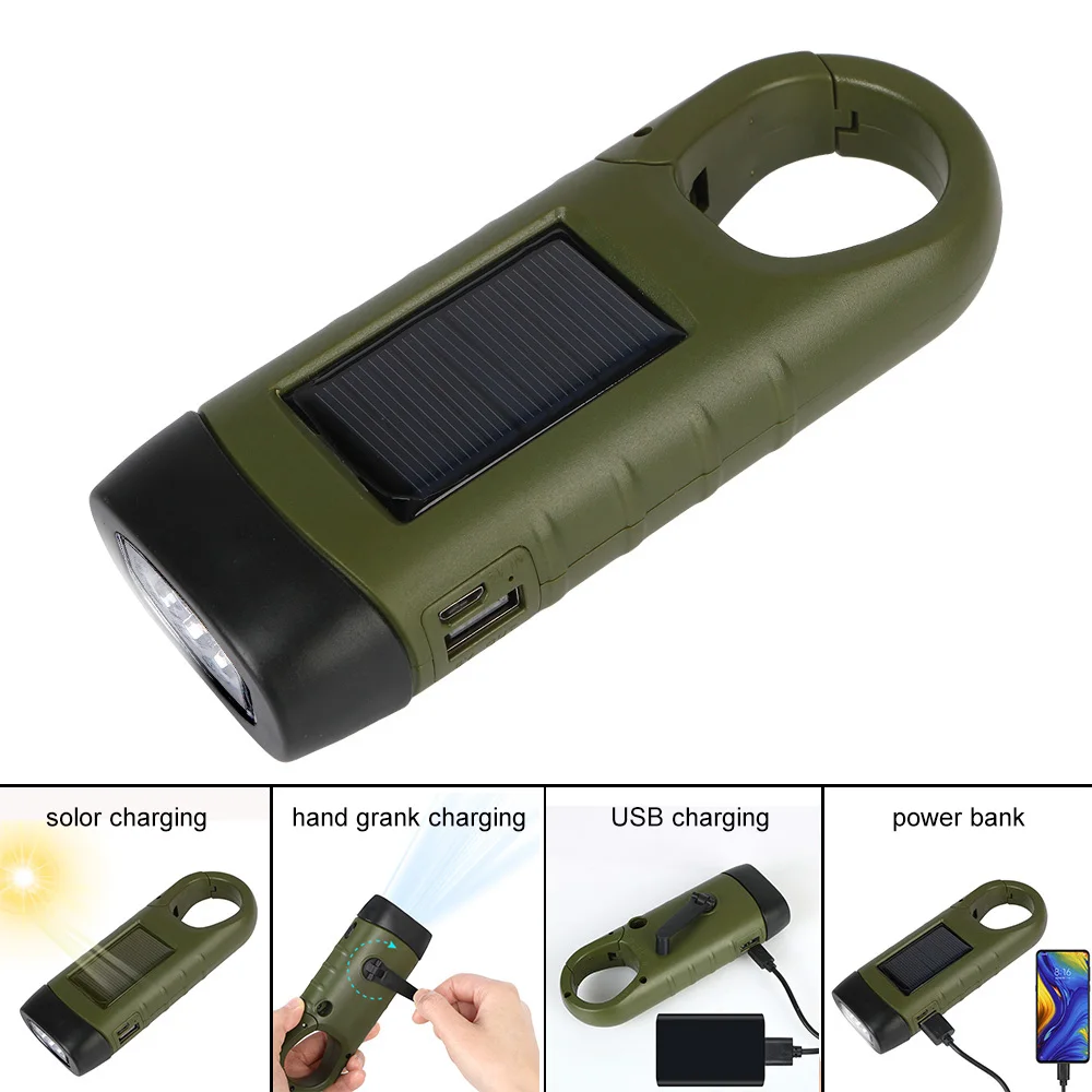 

Solar Flashlight For Fishing Boating Hiking LED Flashlight Rechargeable Emergency Hand Crank Dynamo Survival Gear Power Bank