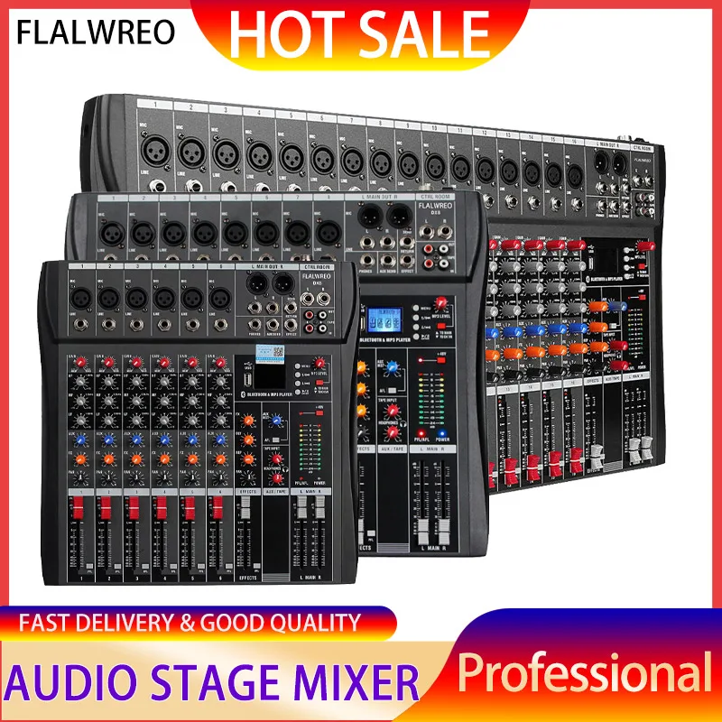 

FLALWREO Audio Mixer 6/8/16 Channels Professional DJ mixer +48V Phantom USB Interface Audio Mixer