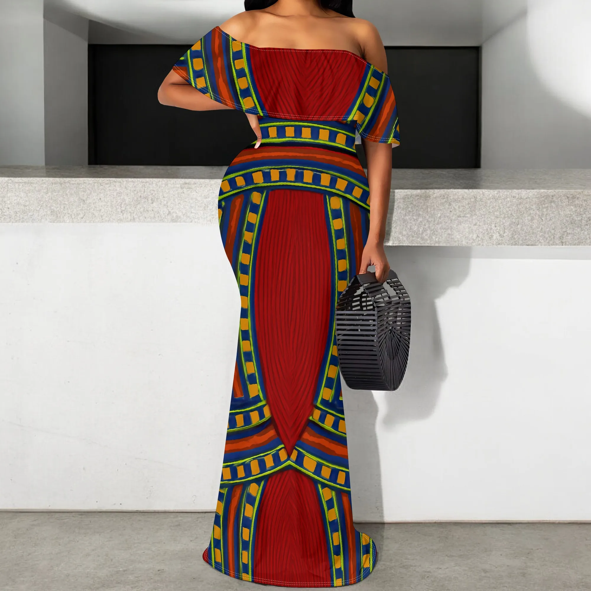 

African Tribal Print Maxi Dress S-3XL Off Shoulder Dashiki Inspired Ethnic Long Dress