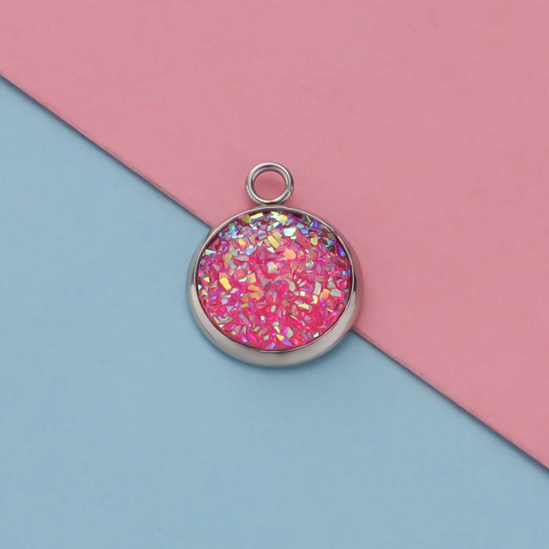 Fnixtar Stainless Steel Glitter Faux Druzy Resin Charm Pendant Colorful Round Charm For Girls DIY Jewelry 12mm 30piece/lot