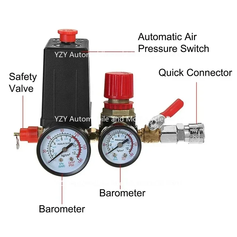 

Small Air Compressor Pressure Switch Control Valve Regulator With Gauges Fittings Pneumatic Accessories Quick Response 240V