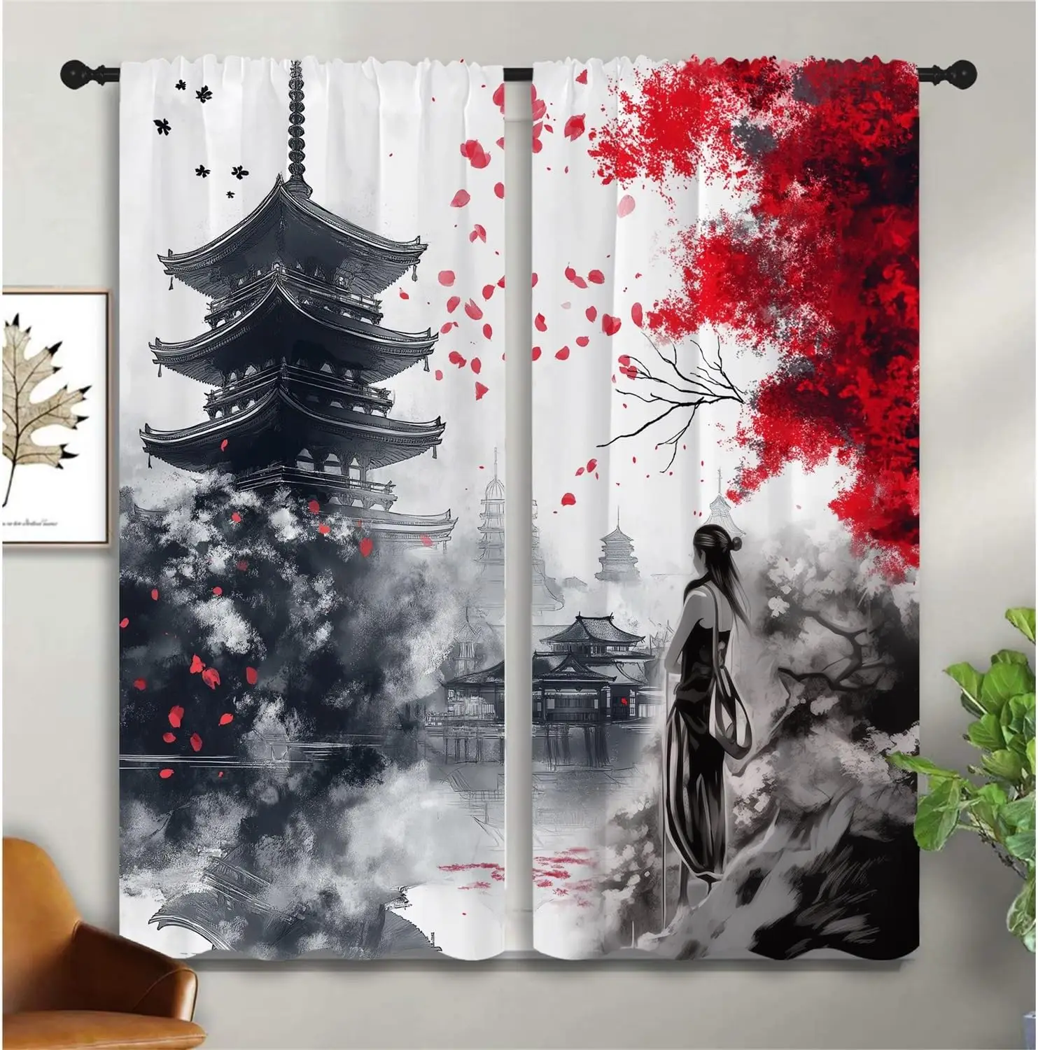 Vintage Ink Temple Lady Red Sakura Splatter Print Blackout Rod Pocket Curtain Grey Mist Zen Japanese Homestay Bedroom Rest Bay