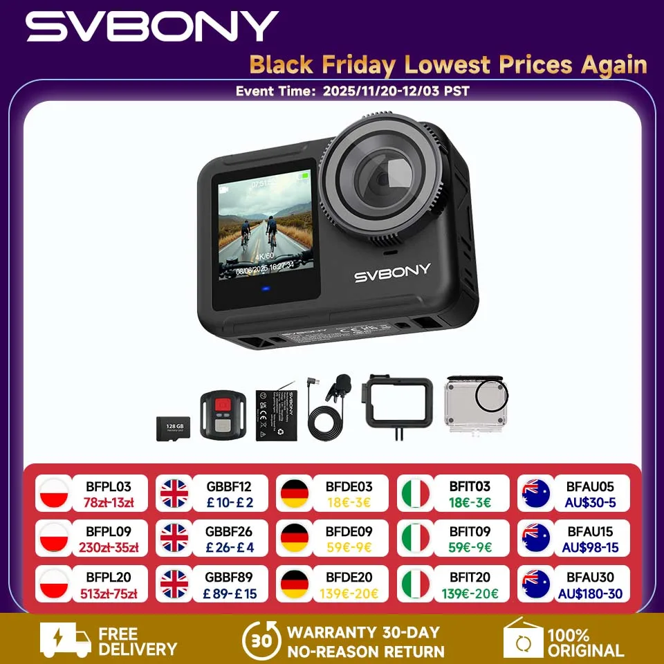 

SVBONY SVGo3 Action Camera 4K30 Waterproof Dual LCD Screens Sports Camera with Quick Release Mount for Surfing Cycling Vlog