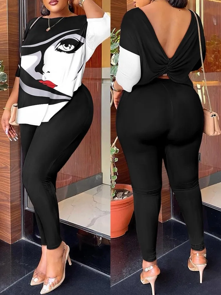 FJFor-Ensemble 2 pièces pour femme, décontracté, à la mode, col rond trempé, teint lourd, torsadé, sexy, dos nu, manches quarts
