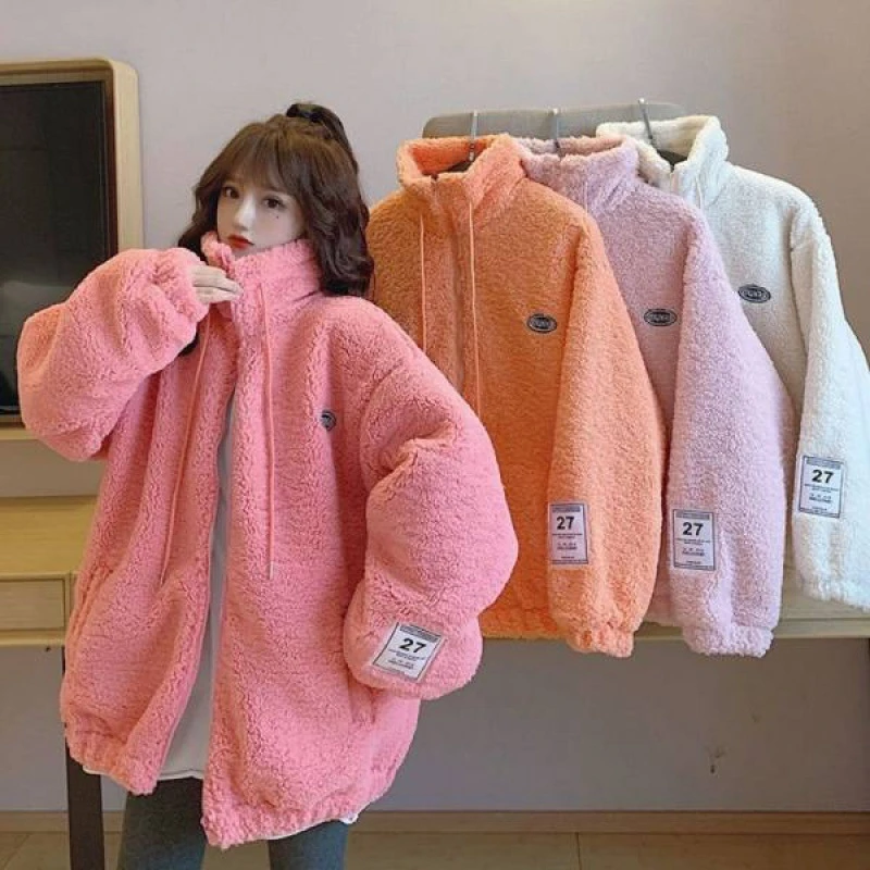 

Japanese Korean Lamb Fleece Sweater Winter New Half High Collar Cardigan Thickened Zipper Long Sleeved Sweater Coat For Women