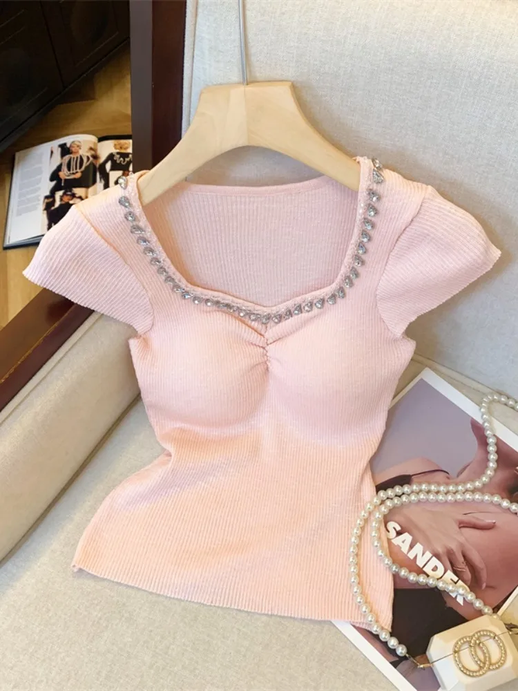 

Женская трикотажная футболка Pure Desire Ice Silk ort Sve с квадратным воротником, облегающий летний топ с накладкой на грудь, корейский сле