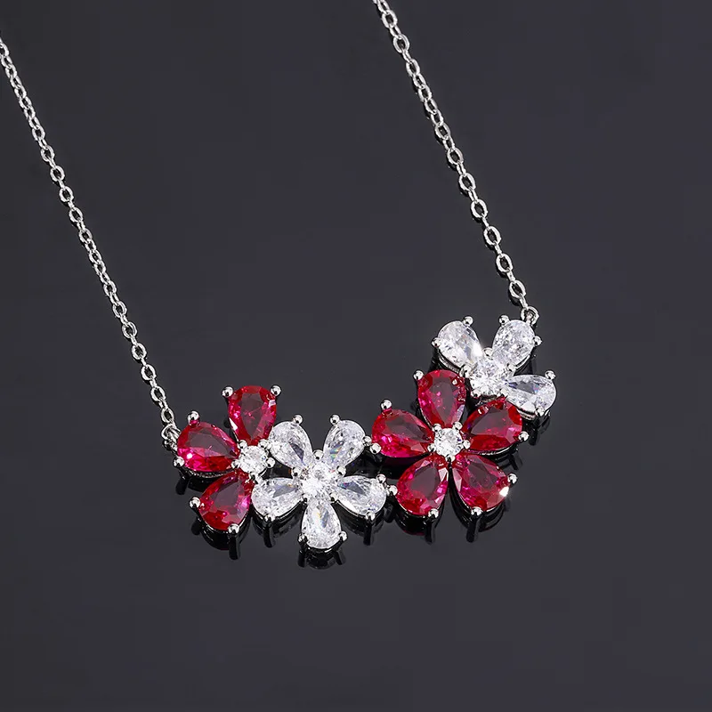 Ruby Water Droplet High Carbon Diamond Red Flower Pendant Necklace Women Jewelry Dance Party Dress Accessory 45+5cm Extend Chain