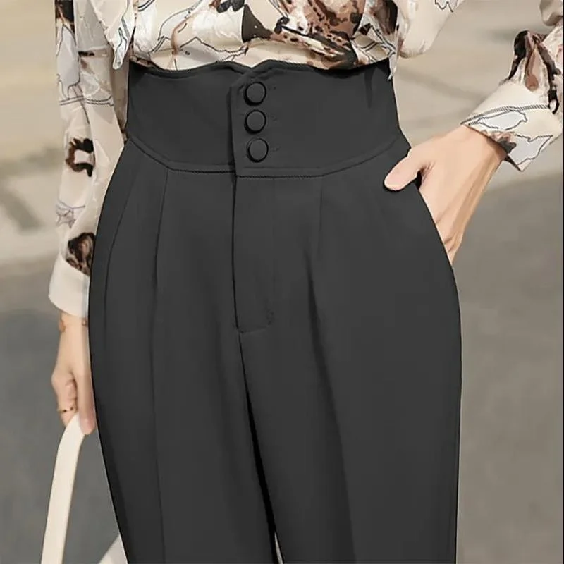 Clothing Solid Trousers Woman Tailoring Womens Pants Work Buttons High Waist Harem Office Classic Chic and Elegant All Medium G