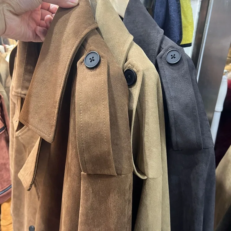 2025 Fall/Winter New Solid Color Jacket Spring and Autumn Loose and Versatile Retro Fashionable Suede Trench Coat Jacket