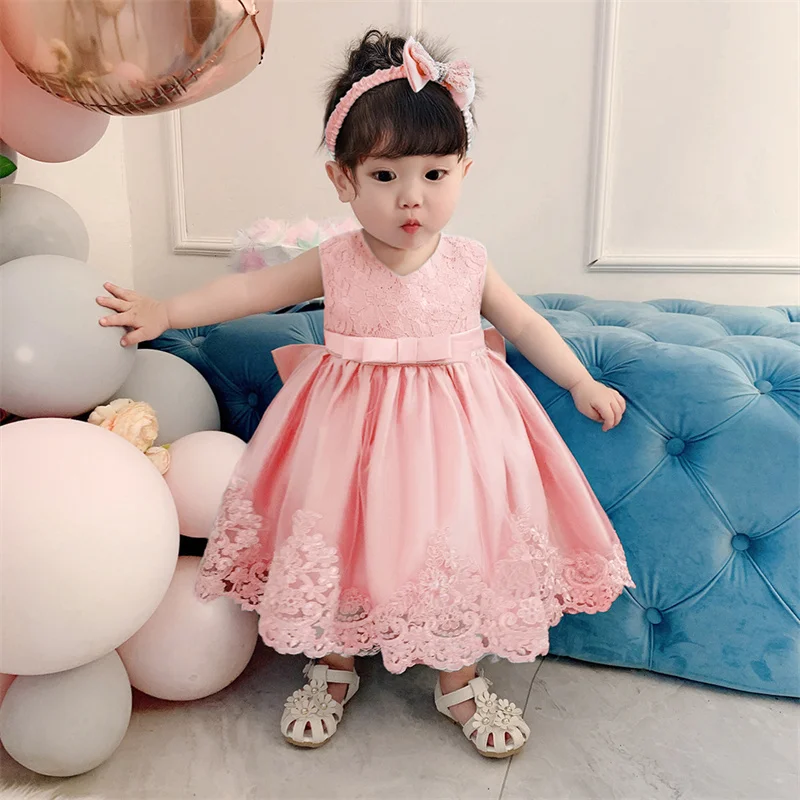 2024 Baby Girls Princess Dress Hairband 2Pcs Elegant Bow Toddler Girl 1 Years Birthday Party Lace Ball Gown Vestidos Kids Dresse