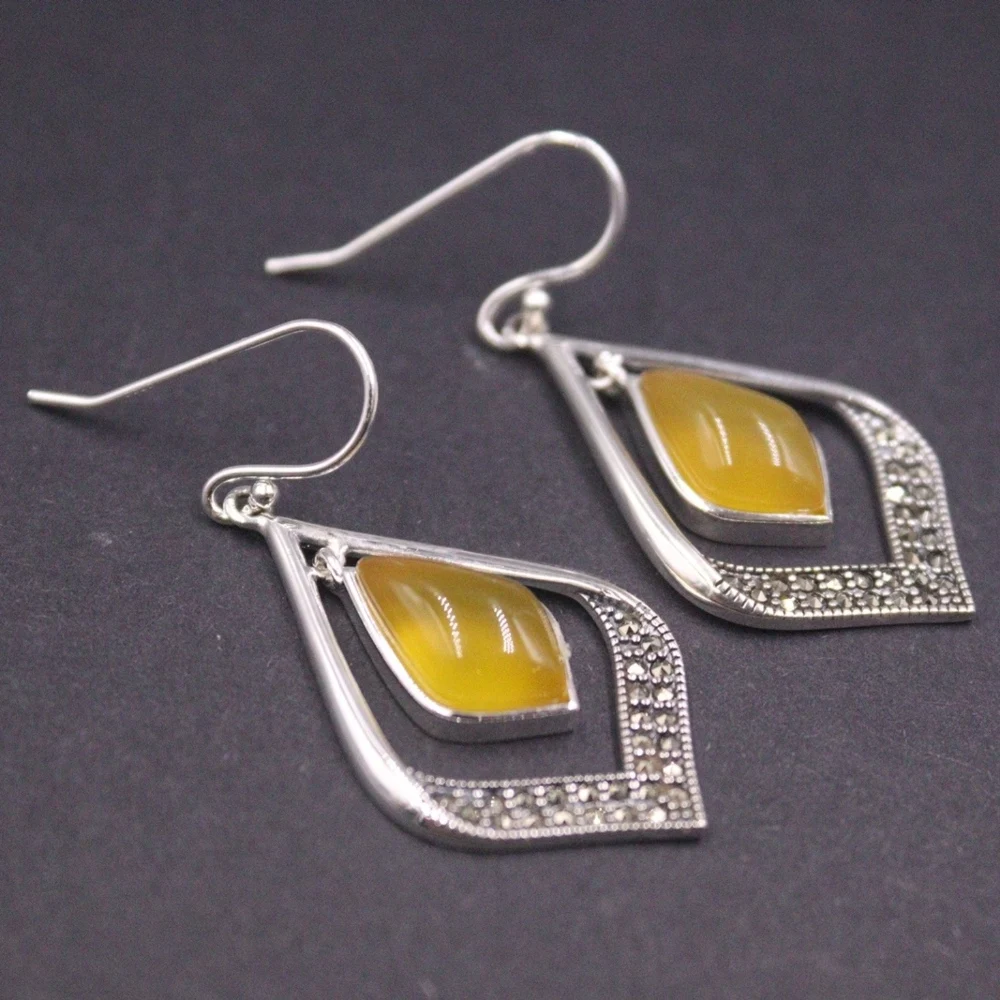 

Real Solid 925 Sterling Silver Dangle Yellow Chalcedony Geometry Heart Drop Women Earrings