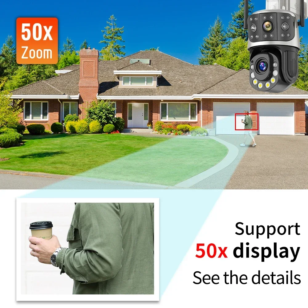 8MP Outdoor Wifi 50X Optical Zoom 360° PTZ Camera Two Screen Human Detection IP Video Surveillance Cam CCTV Two Way Audio ICSEE