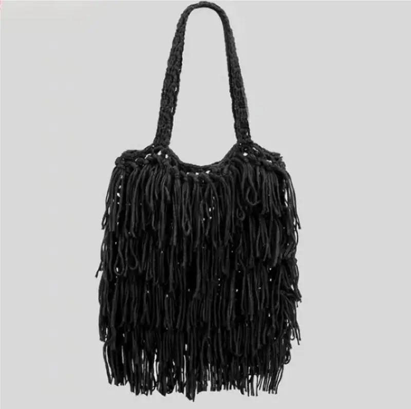 New Fringed Shoulder Bag Women\'s Tote Purse Female Knitted National Style Bag