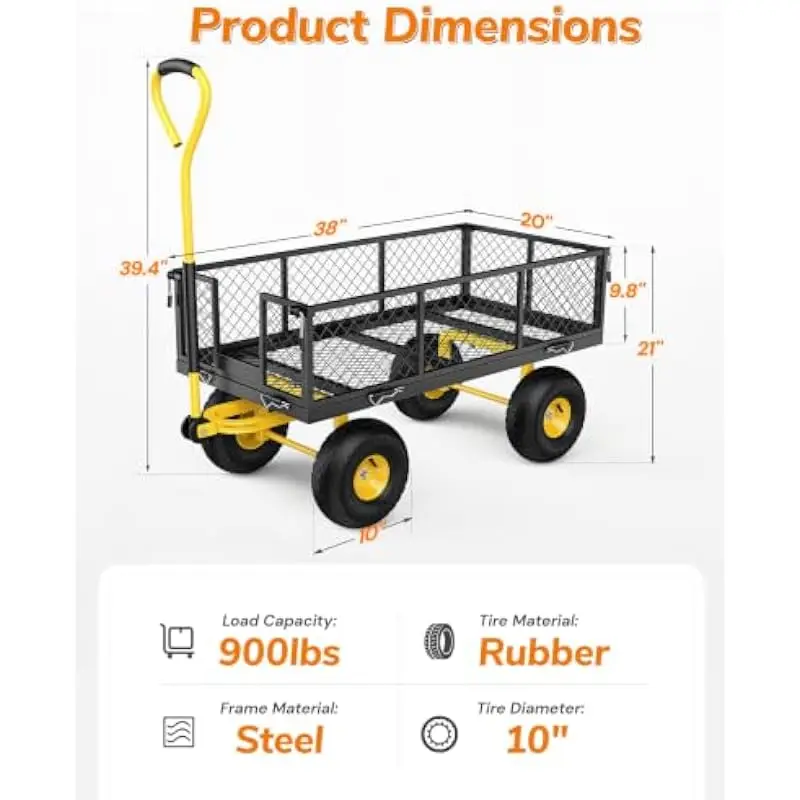 Heavy duty steel utility wagon with 900 lb capacity, 38.19 x 20.28 x 39.37 inch frame, removable mesh sides for flatbed conversi