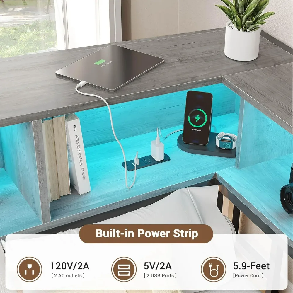 Corner Bed Frame with Storage Bookcase, Twin Daybed with Storage Drawers Underneath, Kids Bed Unit with Charging Station