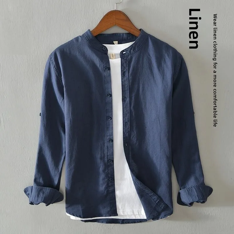

New Casual Cotton Linen Men's Long Sleeve Shirt Young round Neck Breathable Linen Half Sleeve Button up Top Summer Wear