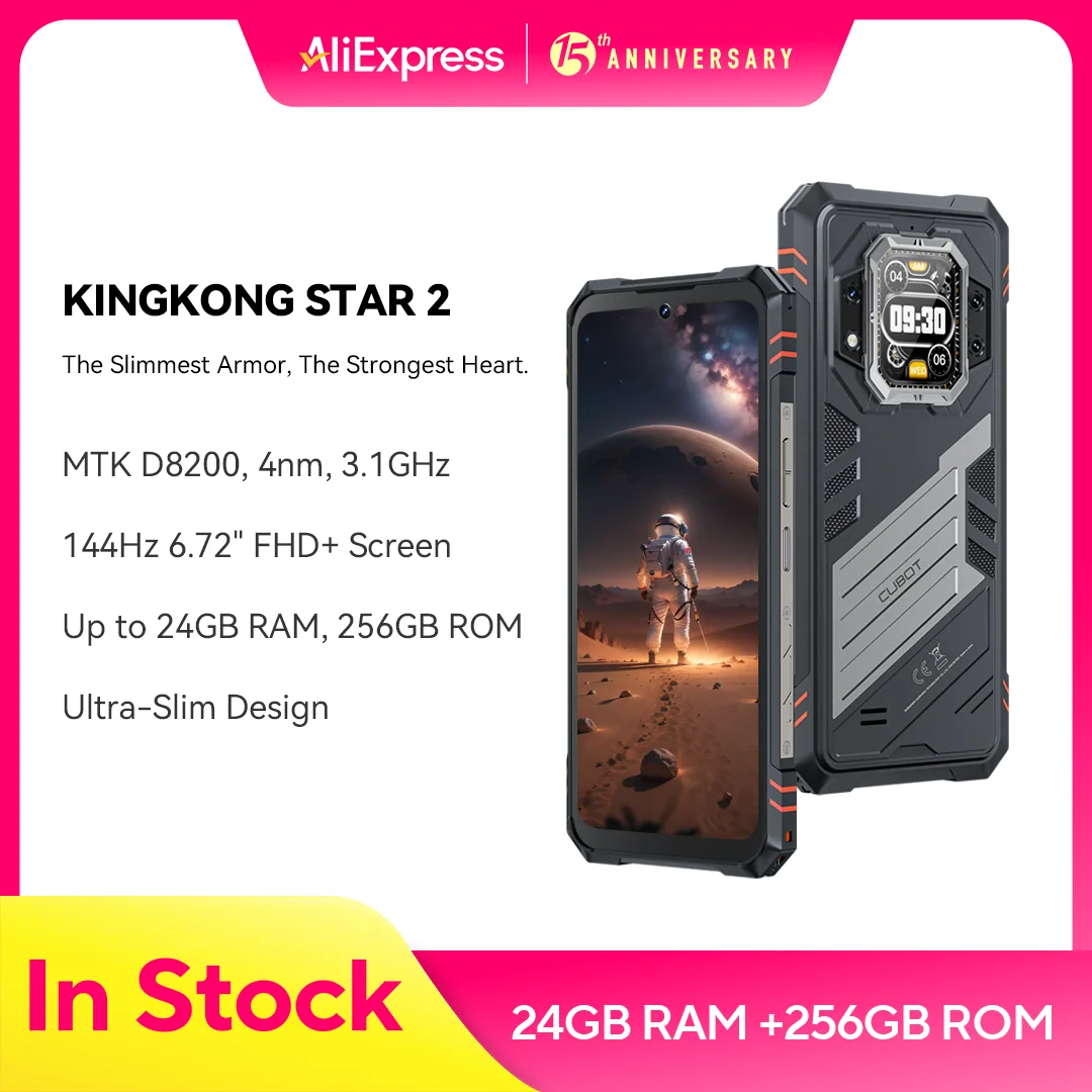 Cubot KingKong Star 2, ultradunne robuuste smartphone 5G, 4nm 3,1GHz Dimensity 8200, 24GB RAM (12GB+12GB uitgebreid), 256GB ROM, 6,72" 144Hz groot scherm, 100MP camera, NFC telefoon, 5g phone