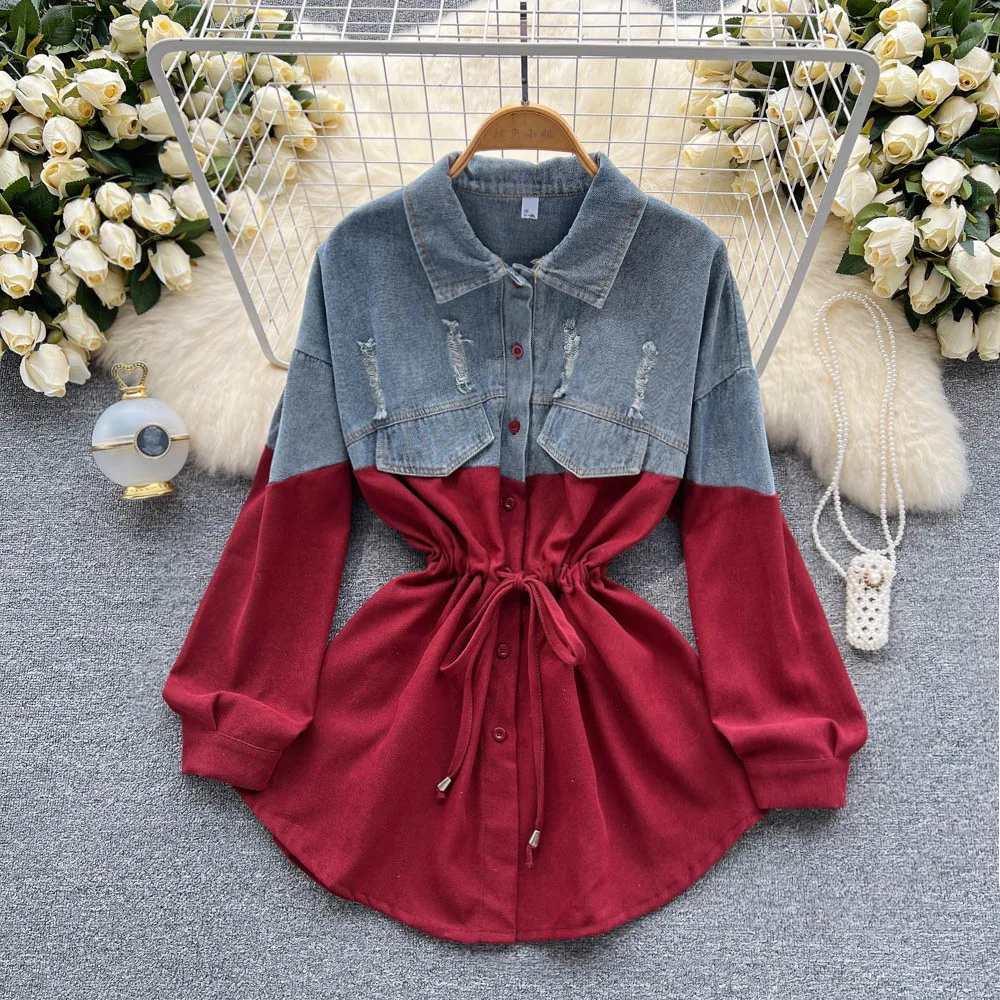 Mature Style Long Sleeve Summer Women's Fashion High-End Denim Patchwork Color Block Waist-Cinching Elegant Shirt Short Dress