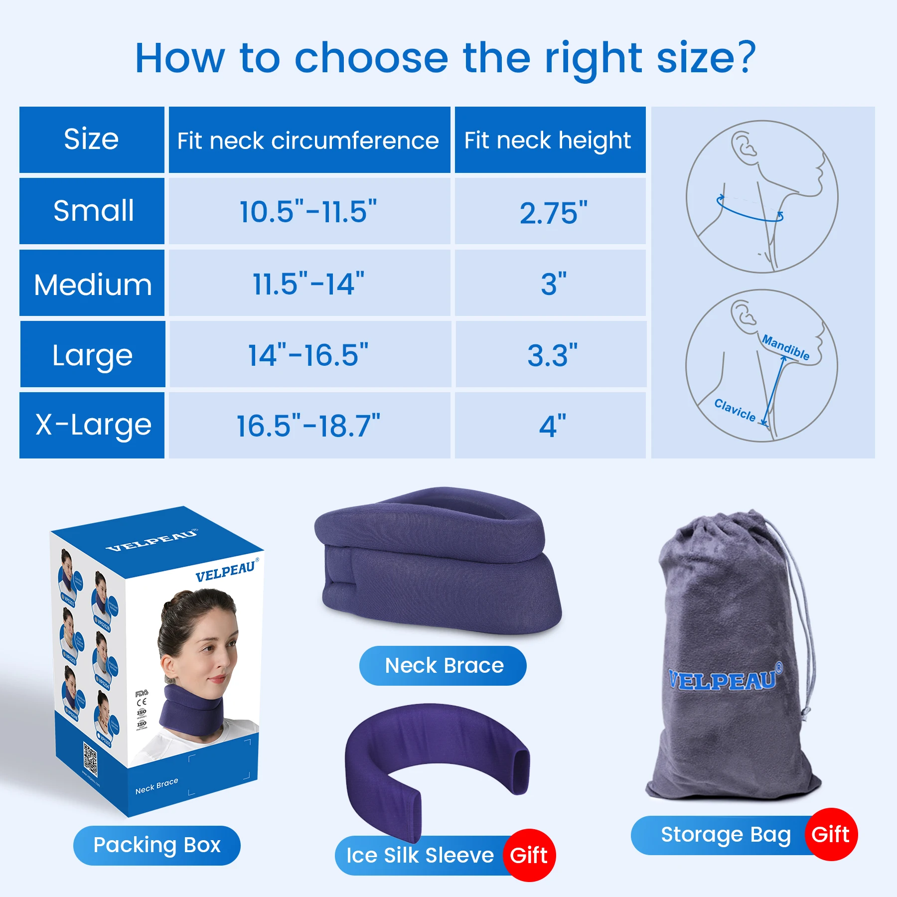 VELPEAU Neck Brace Support for Neck Pain and Spine Pressure, Adjustable Foam Cervical Collar for Snoozing and Sleep Apnea
