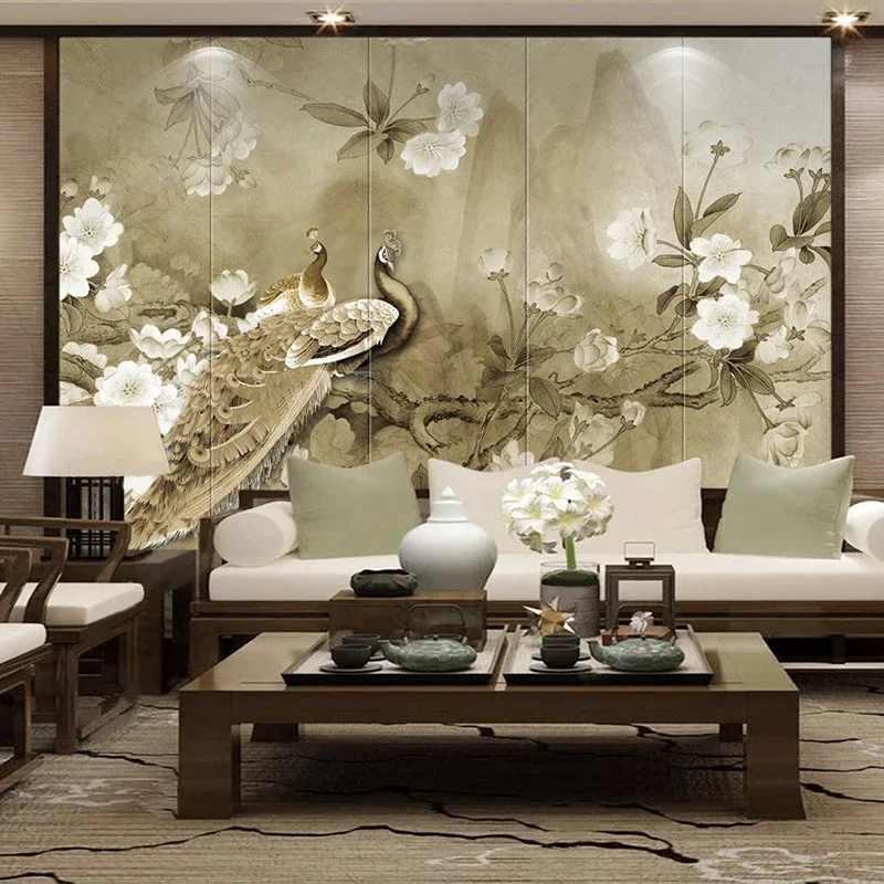 Custom Mural Wallpaper Chinese Style Classic 3D Peacock Flowers Art Wall Painting Living Room TV Background Wall Papel De Parede