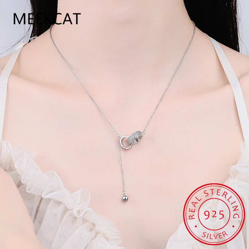 Real 925 Sterling Silver Shine CZ Double Circle Interlock Tassel Beads Choker Necklace For Women Wedding Birthday Fine Jewelry