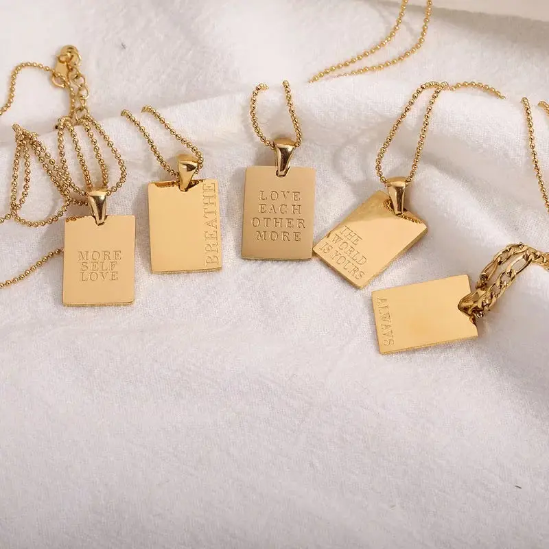 2022 Gold Color Stainless Steel Pendants Necklace Inspirational Engraved Letters Square Pendant Beads Chain Necklace For Women