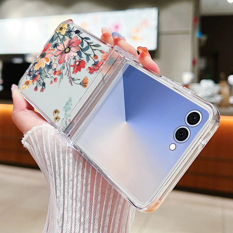 Colorful Flower Patterned Phone Case For Samsung Galaxy Z Flip 8 7 FE 6 5 4 3 5G Z Flip7 Flip8 Flip6 Folding Hard PC Clear Cover view 2