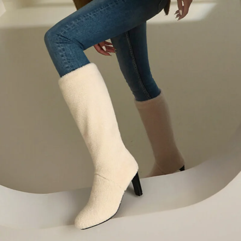 Autumn Winter New style fashion high-heeled Women's Boots Solid Concise Round head Lamb wool keep warm Square heel Women's Boots