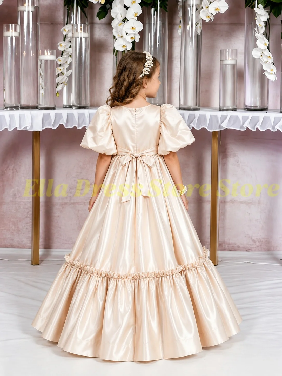 Maßgeschneiderte Großhandels-Satin-Kleider für die Erstkommunion, Ballkleider, Blumenmädchenkleider für Hochzeiten, Hochgeschnittene Mädchen-Geburtstagskleider – Detail 3