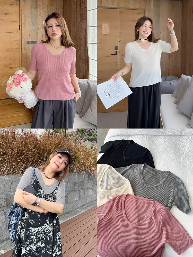 

Vogana Large Size Knitted irt Simple Basic Color Summer Skin-friendly Thin Wool ort Sve Knitwear Korean Sle