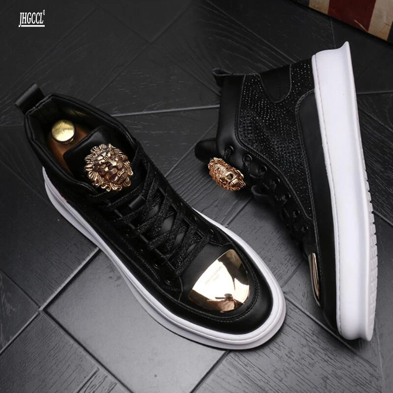 Black Shining Luxury Rhinestone High Tops Zip Men Sneakers Punk Casual Shoes Male Ankle Boots Zapatillas Hombre A4