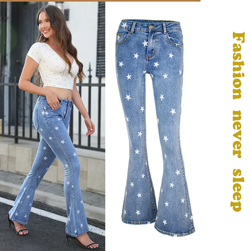 

Women Star Print Flared Jeans Summer European American Style Denim Pants Fashion Streetwear Bell Bottom Trousers