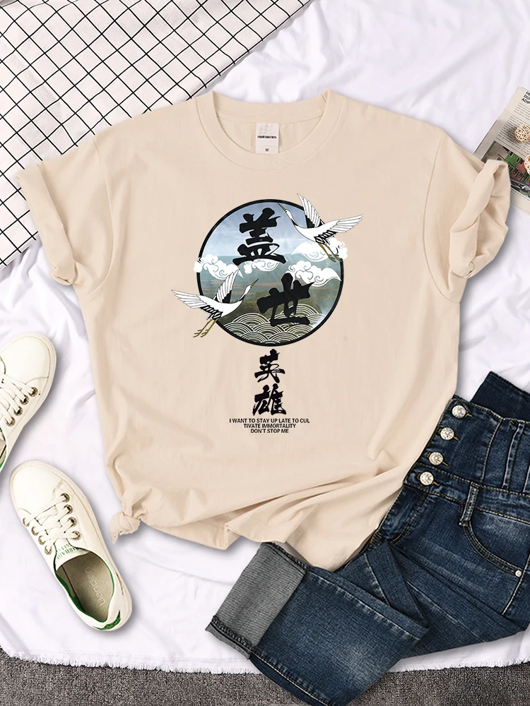 Crane Japanese Style Women T Shirt Summer Fashion Tops Chinese Letters Tee Shirts Anime Slim Top Classic Loose Female T Shirts