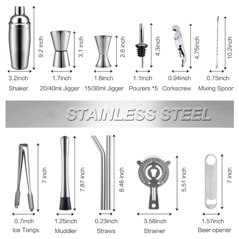 19 Pieces Portable Travel Bartender Kit, 24oz Boston Cocktail Shaker Full Mixing Tools, Outdoor Camping Party Bar Supplies