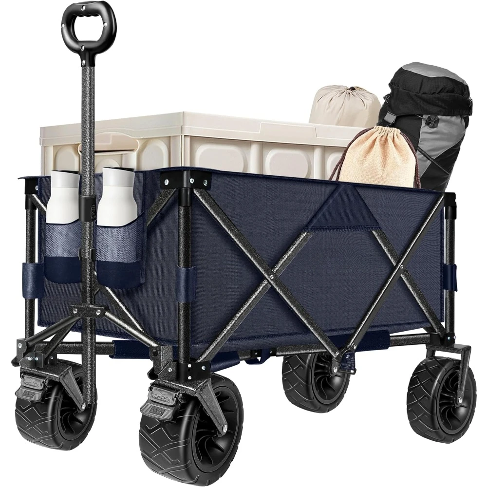 

Collapsible Folding Wagon, Heavy Duty Utility Beach Wagon Cart for Sand with Big Wheels, Adjustable Handle&Drink Holders