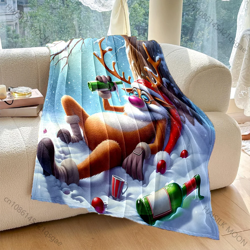 Festive Reindeer Lounging with Bottles Pattern Blanket Flannel Material Soft Warm for All Seasons Home Outdoor Camping Picnics