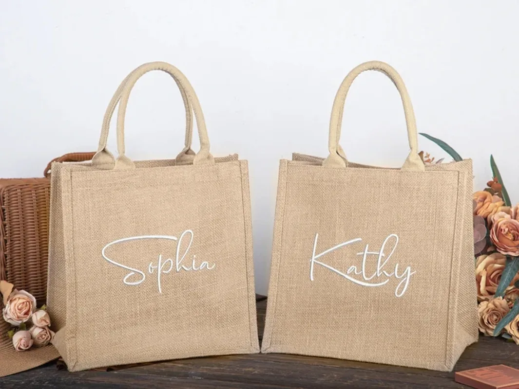 Embroidery Burlap Tote Bag Personalized Burlap Bags Bridesmaid Gifts Bag Custom Monogram Beach Bags Bachelorette Party Wedding