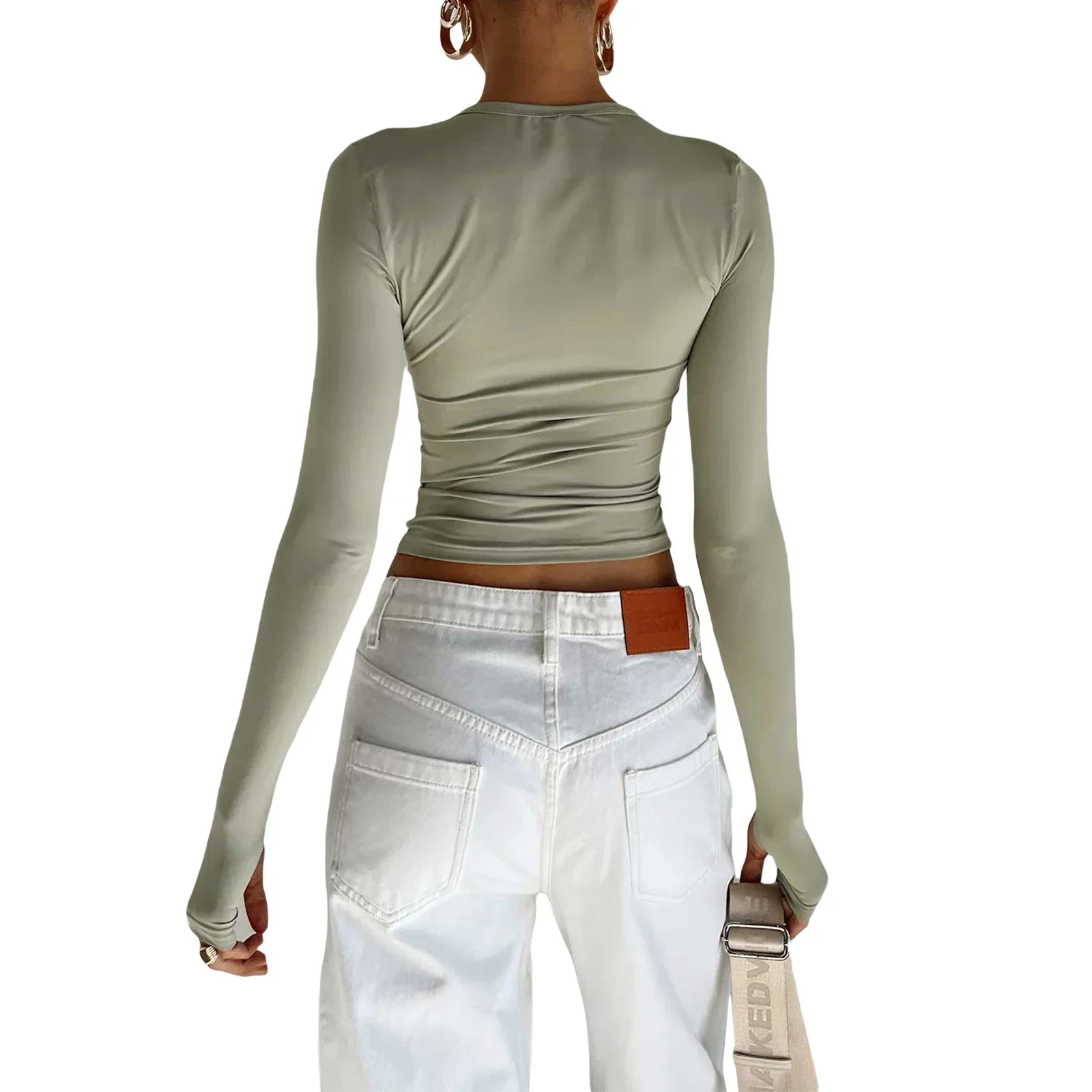 Women Long Sleeve T-shirt Y2K Crop Tops Solid Slim Fit Pullovers Casual Tees Shirts with Thumb Hole Spring Autumn Streetwear - Image 4