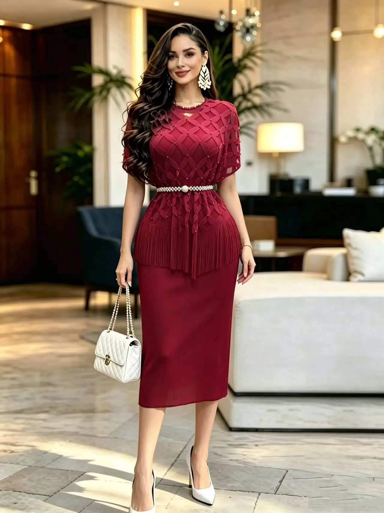 Miyake Pleated Loose Suit Fashionable Bead Design Sense Light Luxury Fringed Top Long Skirt Two-piece Set Women