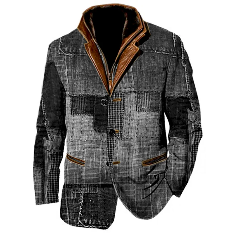 Patchwork Design Men Jacket Vintage Fleece Blazer Double Layer Lapel Leather Collar Medium Length Coats Grid Graphic Overwear