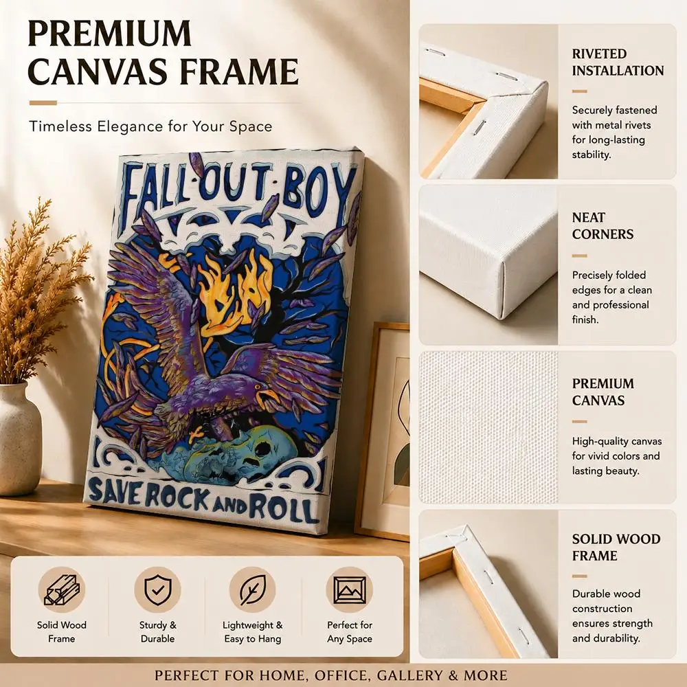 Anime F-Fall Out Boy Band Energetic Framed Wall Painting Canvas Art Poster with Solid Wood Frame for Living Room Home Decor